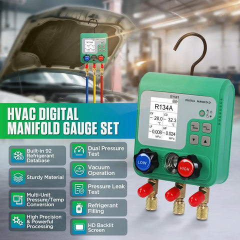 HVAC Digital Manifold Gauges Kit With Dual Pressure And Vacuum Tests, 92 Refrigerant Readouts, Hoses, R22 R134a R410a Compatibility, 1/4 Inch SAE Interface, Portable Hook, Leak Test And Refrigerant Fill. Green digital manifold gauge set with hoses