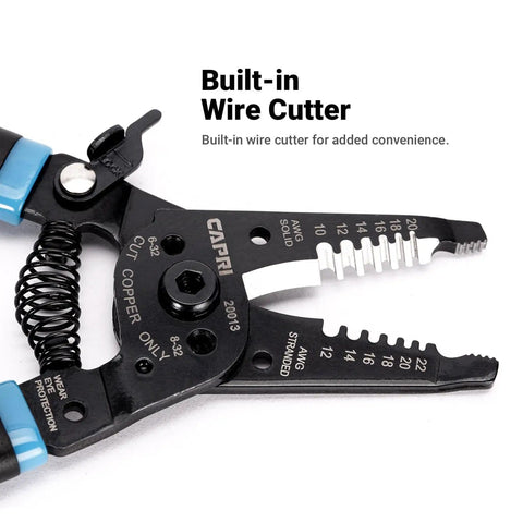 Pro Grade Workhorse Wire Stripper with built-in cutter for solid and stranded copper wire, ergonomic handles, screw cutter 8-32.