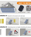 Installation steps for motion sensor solar waterproof LED lights for outdoor stairs and pathways, showing adhesive and screw options.