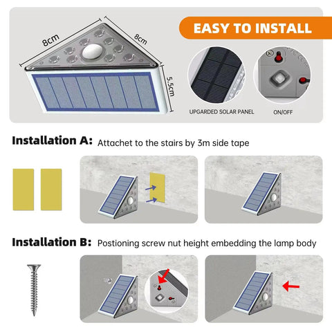 Installation steps for motion sensor solar waterproof LED lights for outdoor stairs and pathways, showing adhesive and screw options.