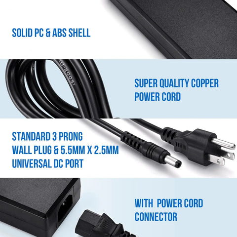 12V 8A DC Power Supply Adapter 96W Wide 100 To 240V AC Input To DC Transformer 3 Prong US Plug Barrel Jack 5.5mm By 2.5mm Safe Over Voltage Over Current Short Circuit Protections Rock Solid For CCTV Routers LED Gear, black power cord and plugs