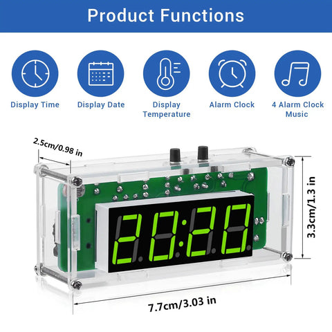 4-Digit DIY Digital Clock Kit With Acrylic Shell, Adjustable Brightness LED Display, showing dimensions and features