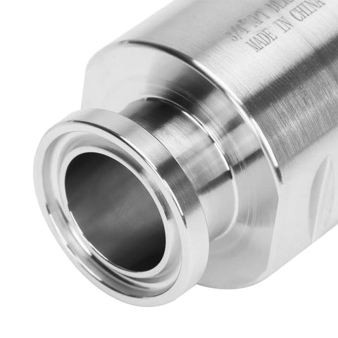 Close-up of Half Inch Tri Clamp Adapter To Three Quarter Inch FNPT Ferrule Sanitary Pipe Fitting Made Of Stainless Steel 304
