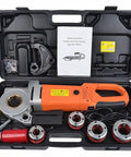 Heavy Duty Electric Pipe Threader And Cutter Workhorse With Sealed Copper Motor Knocking Out Half To Two Inch Threads No Sweat On Quick Job Sites Plus Reinforced Aluminum Body And Heavy Duty Vise Clamp For Steady Rock Solid Plumbing Repairs Daily in a portable case.