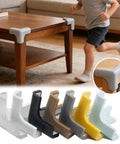 Gray self adhesive corner guards on table with child running, multiple colors shown. Self Adhesive Corner Guards 1.8 Inch Rose Gold Plastic.