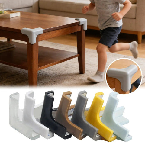 Gray self adhesive corner guards on table with child running, multiple colors shown. Self Adhesive Corner Guards 1.8 Inch Rose Gold Plastic.
