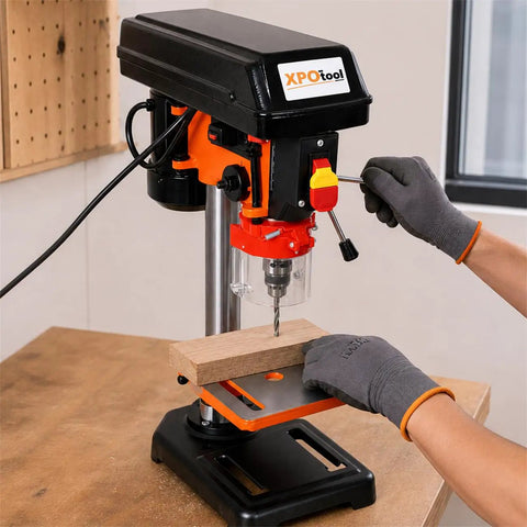 8 Inch Swing Benchtop Drill Press With Safe Laser Positioning And Digital Meter For Precise Drilling, user adjusting drill on wood.