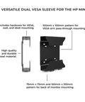 Versatile dual VESA sleeve for HP Mini, heavy-duty steel, includes mounting hardware, 100mm and 75mm patterns.