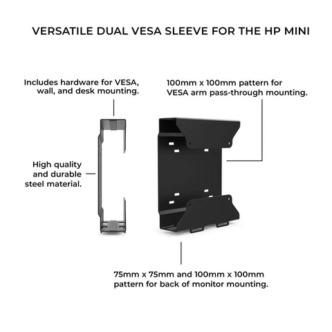 Versatile dual VESA sleeve for HP Mini, heavy-duty steel, includes mounting hardware, 100mm and 75mm patterns.