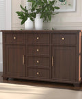 Wooden dresser with Champagne Bronze Knurled Kitchen Cabinet Pull Handles Set Of 10 For Cupboards And Drawers, 5-inch spacing.