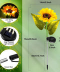 Diagram showing dimensions and features of 16 Pack Solar Sunflower Garden Lights Led Solar Powered Waterproof Stakes