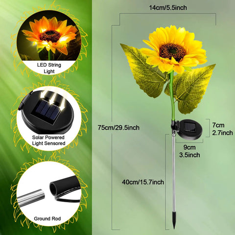 Diagram showing dimensions and features of 16 Pack Solar Sunflower Garden Lights Led Solar Powered Waterproof Stakes