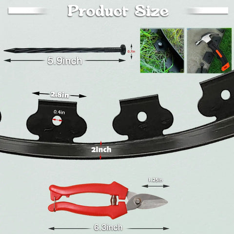 40 Ft Black Garden Edging Kit With 2 Inch Tall Border, 8 Inch Spiral Anchoring Spikes, And Garden Pruning Scissors size details