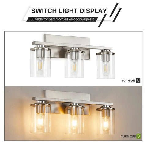 Three Light Brushed Nickel Bathroom Vanity Light Fixture with Clear Glass Shade Over Mirror, Modern Wall Sconce for Bathroom, E26 Base, Water Resistant, Rust Resistant, shown turned on and off.