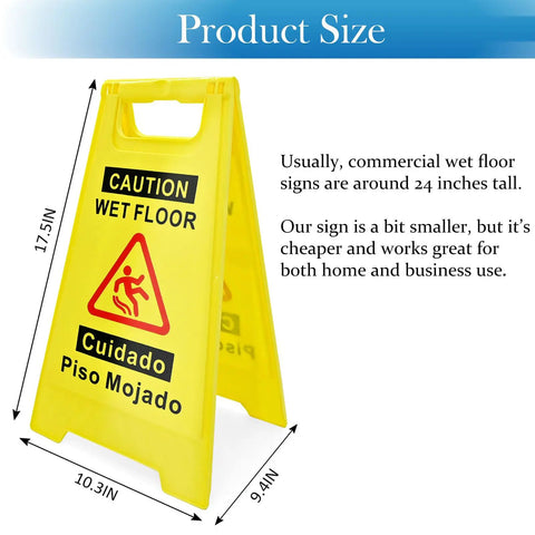 Two Pack Wet Floor Sign 17.5 Inch Tall Bright Yellow Double Sided A Frame Caution Sign For Home And Biz Use With Bilingual Caution Message Great Value Safety Signage