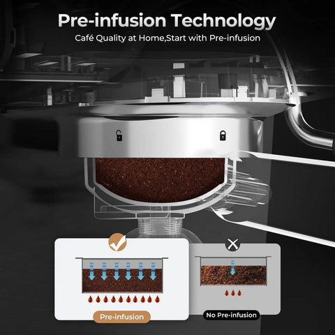 Top Shelf Espresso Machine With Hot And Cold Brew Coffee Maker showing pre-infusion technology for optimal espresso extraction.
