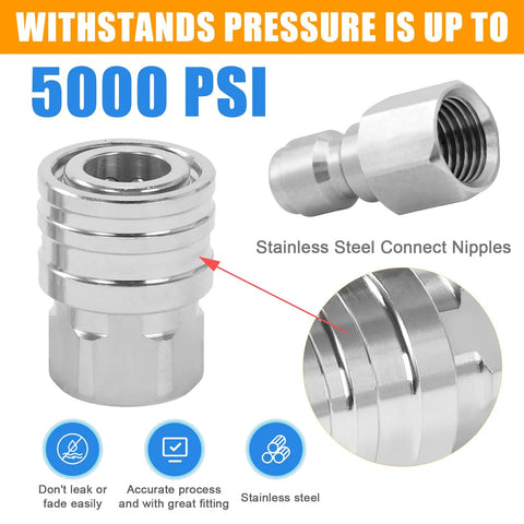Front view of 1/4-in stainless steel pressure washer quick-connect fittings, 4-pack, male/female, up to 5000 PSI