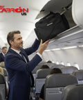Man placing Pro Grade Pilot Flight Deck Bag Lightweight And Water Resistant For Airbus And Boeing in overhead storage