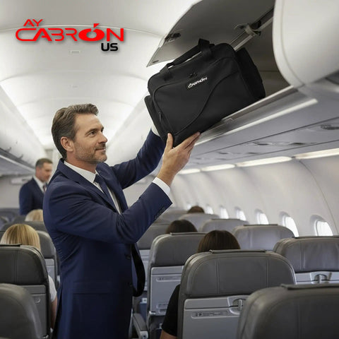 Man placing Pro Grade Pilot Flight Deck Bag Lightweight And Water Resistant For Airbus And Boeing in overhead storage