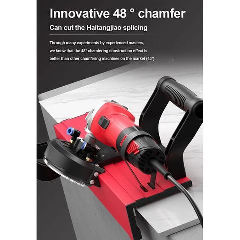 No Sweat Electric Tile Chamfering Machine Cuts Quick Forty Five Degree Bevels On Ceramic Marble And Wood Compact Portable Cutting Tool showing detailed blade angle and design.