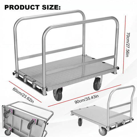 Beast Steel Panel Cart With Four Swivel Casters 2500 Lb Capacity 36x24 Inch Steel Board Three Side Handrails Heavy Duty Platform Truck For Panels Tables And Bulk Goods, 60x90 cm size