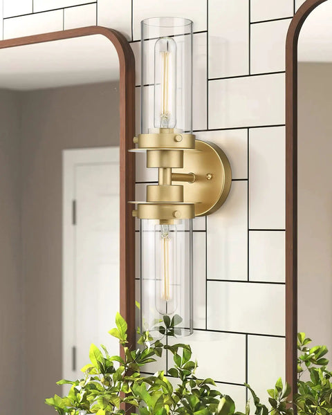 Trending Gold Finish Vanity Lights With Clear Glass Cylinder Shades Over Mirror Indoor Wall Sconce Modern Cylinder Up And Down Mount Lamp.
