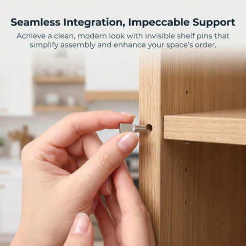 Inserting 5mm nickel finish shelf pin into cabinet for hidden mounting and stable support.