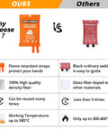 Comparison of emergency fire blanket features, showing ours vs others in materials, reuse, and temperature resistance.