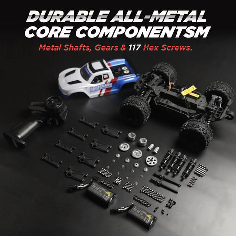 Fast RC Truck For Adults Upgradable To 56 MPH 4x4 Off Road All Terrain Beefy Monster parts layout and metal components.