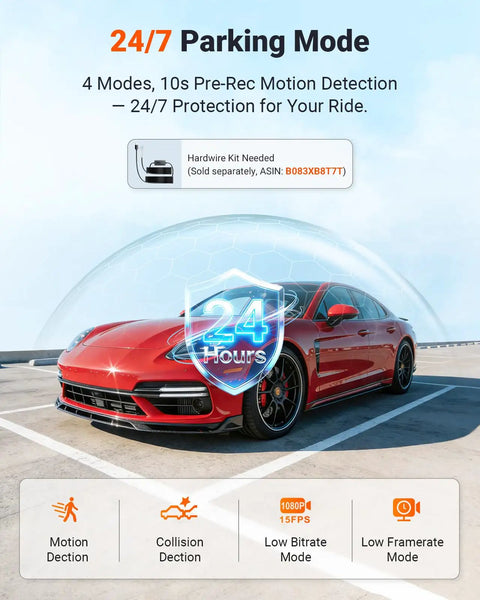 Red car in parking lot demonstrating N4S 3 Channel Dash Cam With 2.7K Front, 1440P Interior And 1440P Rear Video, 24/7 protection mode.