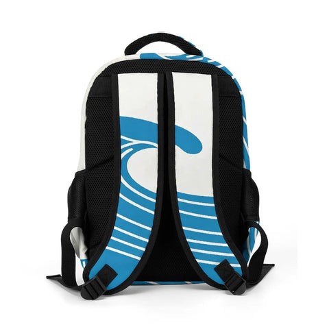 Unisex Minimal Wave Art Backpack in Cobalt Blue showing breathable back panel and adjustable straps, ideal for school and travel