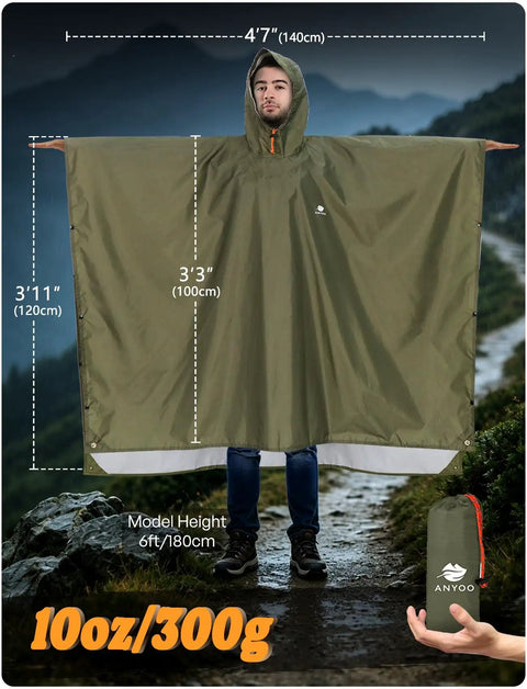 Person wearing Hooded Rain Poncho For Adults Waterproof Lightweight All Weather Rain Jacket Alternative For Men And Women Reusable Emergency Gear For Camping And Outdoor Activities Army Green One Size with dimensions marked.