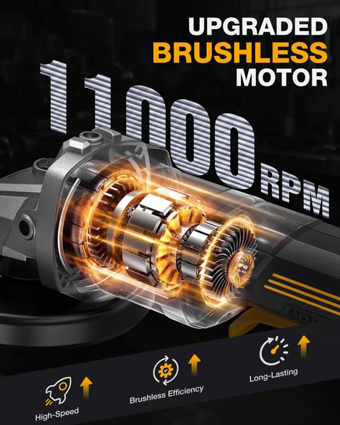 Close-up of the upgraded brushless motor inside the Tough As Nails Five Inch Cordless Angle Grinder Built For 20 Volt Battery Packs.