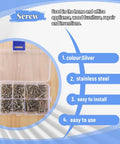 Open box displaying 200 Pcs M3 Stainless Steel Flat Head Screws Set with sections showing screws, for DIY projects and repairs.