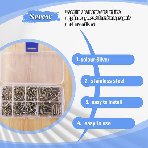 Open box displaying 200 Pcs M3 Stainless Steel Flat Head Screws Set with sections showing screws, for DIY projects and repairs.