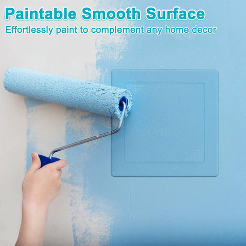 Heavy Duty 2 Pack Self Adhesive Access Panel For Drywall Six By Six Inch Square Vented Wall Hole Cover Secure Wiring And Plumbing Cables No Sweat Quick Install Removable White Plastic shown with blue paint roller on smooth surface.