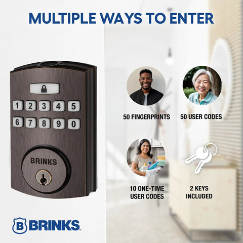 Fingerprint Door Lock With Keyless Entry Biometric Lock Electronic Keypad And Auto Locking Deadbolt For Front Door With Interior Knob Set In Tuscan Bronze Finish And No Fuss Setup shown with multiple entry options.