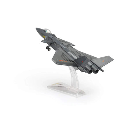 Model jet displayed on Universal Model Plane Display Stand For Building Blocks, sturdy plastic, showcasing plane's sleek design from side angle.