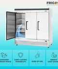 Pro Level Three Door Reach In Refrigerator 72 Cubic Feet Stainless Steel Commercial Kitchen Workhorse with opened door.