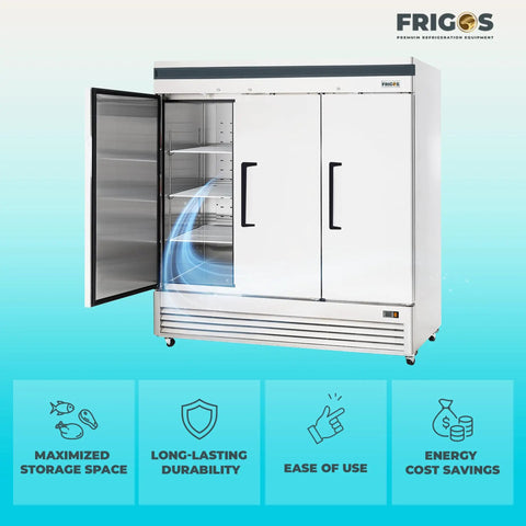 Pro Level Three Door Reach In Refrigerator 72 Cubic Feet Stainless Steel Commercial Kitchen Workhorse with opened door.