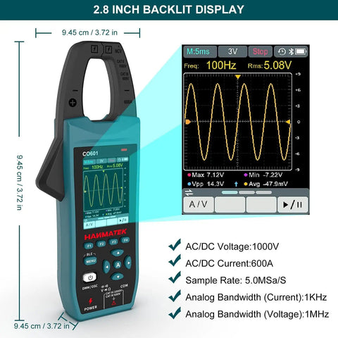 3-In-1 AC/DC Clamp Meter And Oscilloscope For Current And Voltage with 2.8 inch display showing waveform, pro grade, 5MS/s sampling