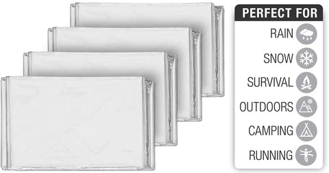 Emergency Mylar Blanket Pack 25 Silver Space Blankets Grab And Go Compact Dual Sided Reflective Heat Retention For Camping Survival First Aid Car Kit NASA Tested with usage icons