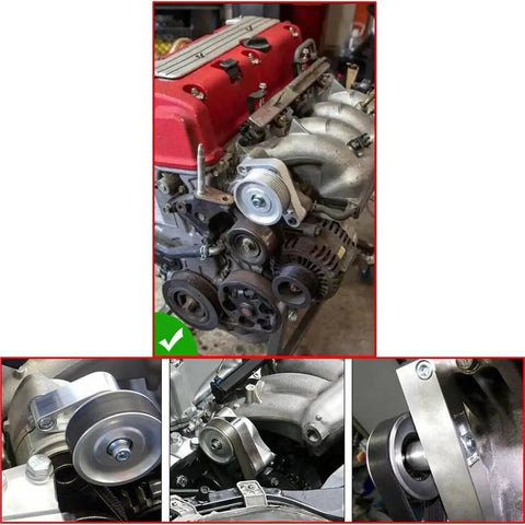 Premium Aluminum Idler Pulley Kit Adjustable EP3 Style For K-Series Civic Integra K24 Swap Engine W/ Low Noise Bearings Smooth Ride installed on engine