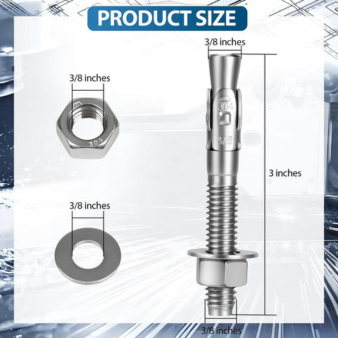 Illustration of Three Eighths Inch By Three Inch Wedge Anchor Set In 304 Stainless Steel For Concrete And Masonry with sizing details