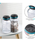 Big Digital Coin Counter Piggy Bank With LCD Display One Point Eight Liter Capacity Holds 800 To 1000 US Coins Blue Money Jar For Adults And Kids Easy To Use Battery Powered Savings, two ABS jars, one filled with coins, on table