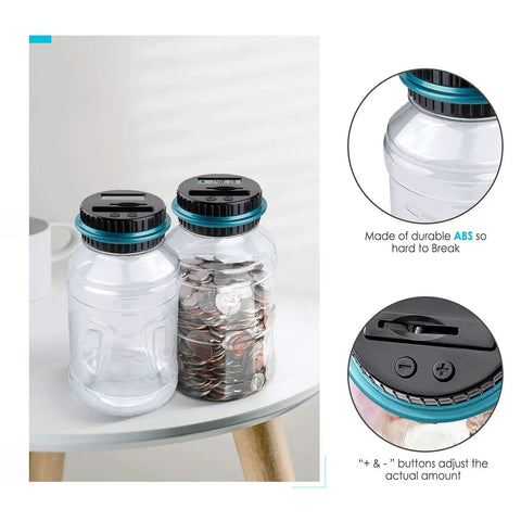Big Digital Coin Counter Piggy Bank With LCD Display One Point Eight Liter Capacity Holds 800 To 1000 US Coins Blue Money Jar For Adults And Kids Easy To Use Battery Powered Savings, two ABS jars, one filled with coins, on table
