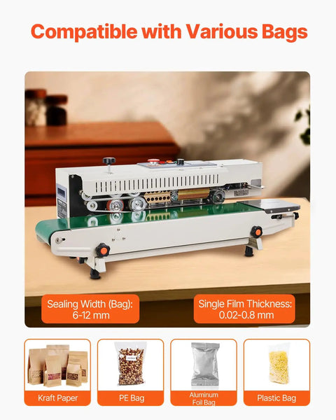 Heavy Duty Continuous Horizontal Bag Sealer Machine With Digital Temp Control And Air Blow Function For Quick Plastic Packaging Grinds Built Tough For Zero Sweat Daily Shipping Tasks on a table, showcasing adjustable sealing width and compatibility with various bags.