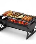 Charcoal Folding Portable Grill With Carry Bag For Outdoor Cooking showcasing food on grill, perfect for camping and backyard use.