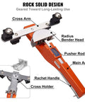 Ratcheting Pipe Bender Kit With 7 Dies And Cutter For 1 Quarter To 7 Eighths Inch Tubes, showing labeled components like cross arm and main arm.