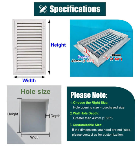 Specifications of Solid Louvered Vent Access Panel Aluminum Recessed Magnetic Hatch For Drywall Attic Walls With Heavy Duty Inspection Door.